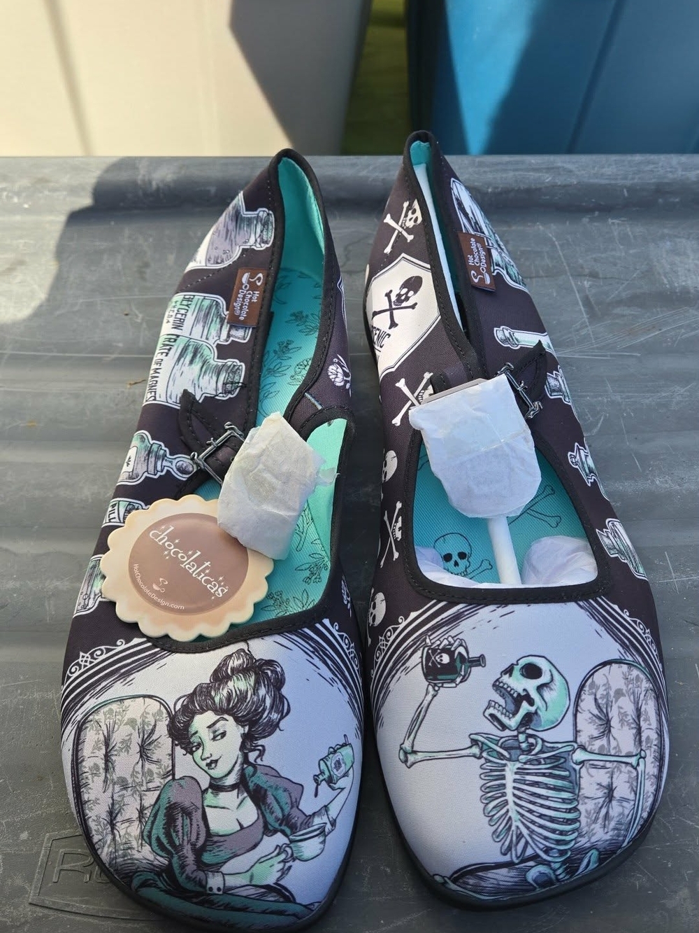 Chocolaticas Gothic Vampire & Skeleton Slip-On Flats in Black and Teal